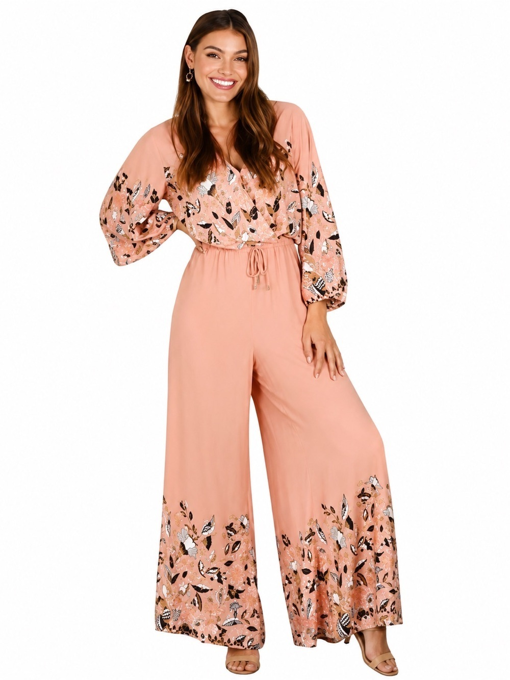 Jaase Floral Dandelion Wide Leg Jumpsuit Womens Small Peach Blue Bell Sleeve